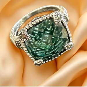 MARC Sterling Silver Green Quartz Ring 925 Sz 8 Marcasite Vintage Estate